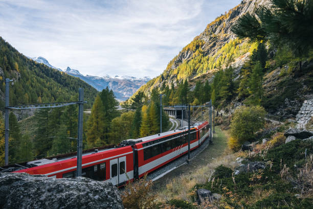 curvas de tren a lo largo de las vías a través del bosque y en el túnel - mountain cabin european alps switzerland fotografías e imágenes de stock