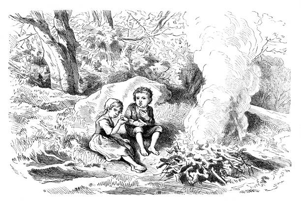 Fairy tale Hansel and Gretel lonely in the forest drawing 1869 "Hansel and Gretel" or Little Step Brother and Little Step Sister; is a fairy tale collected by the German Brothers Grimm and published in 1812 in Grimm's Fairy Tales
Original edition from my own archives
Source : Illustrierte Welt 1869
Drawing : Th. Hosemann brothers grimm stock illustrations