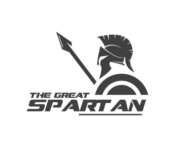 illustrazioni stock, clip art, cartoni animati e icone di tendenza di il grande spartano con scudo e modello di logo a forma di lancia - gladiator sword warrior men