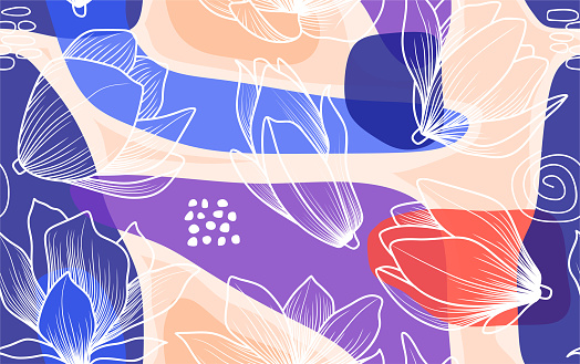 Tropical leaves and flower hand drawn seamless pattern.
