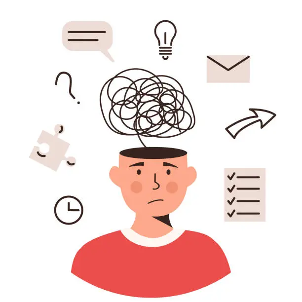 Vector illustration of Human head with many thoughts, task and ideas. Child or adult with ADHD syndrome. Attention deficit hyperactivity disorder. Mental health, psychology concept. Vector flat style illustration.