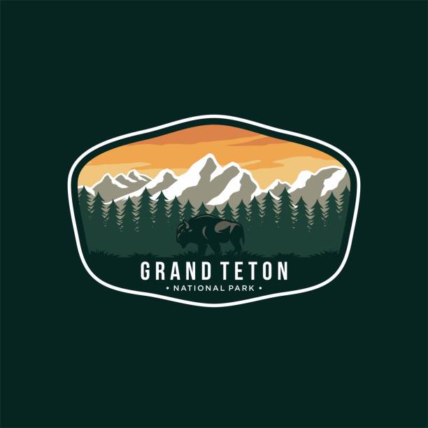 어두운 배경에 그랜드 테톤 국립 공원 엠블럼 패치 아이콘 그림 - grand teton national park stock illustrations