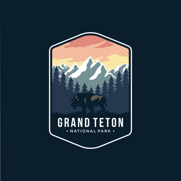 어두운 배경에 그랜드 테톤 국립 공원 엠블럼 패치 아이콘 그림 - grand teton national park stock illustrations
