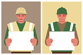 istock A blue-collar worker wears a work helmet and holds a blank sign with two different emotions 1365961697