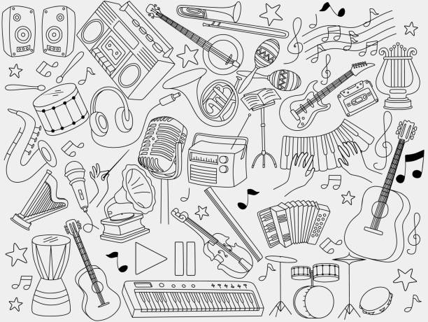 musikinstrumentenset im doodle-stil - tambourine stock-grafiken, -clipart, -cartoons und -symbole