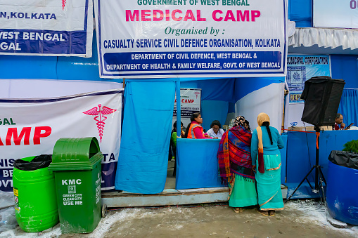 Kolkata, West Bengal, India - 12th January 2020 : Indian women are being treated at medical camp run by women, Gangasagar transit camp.