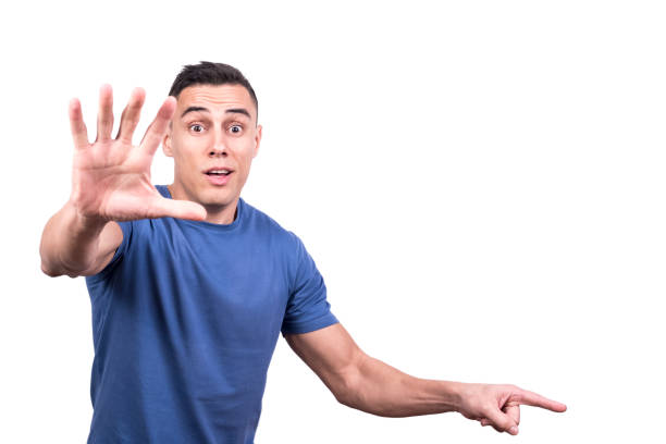 Man gesturing to stand up and pointing one side