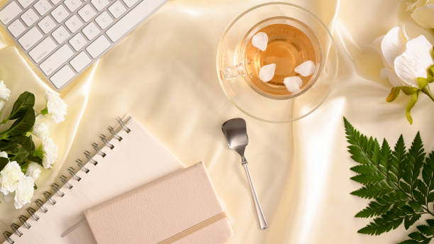 istock Beautiful stylish feminine workspace. top view 1365965346