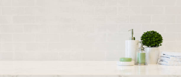 istock Set of ceramic bottles for bathroom products and copy space. 1365965478