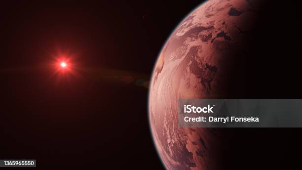 Trappist1d Alien Livable Habitable Exoplanet Locked Orbiting Cooling Red Dwarf Star In Space With Moons Stock Photo - Download Image Now