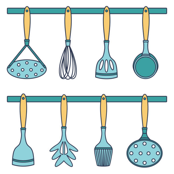 Kitchen tools vector set. Hand-drawn color illustration isolated on white background. Cutlery collection for cooking - spatula, ladle, skimmer, whisk. Flat cartoon clipart Kitchen tools vector set. Hand-drawn color illustration isolated on white backdrop. Cutlery collection for cooking - spatula, ladle, potato crusher. Flat concept for decoration, menu design clip art of a potato masher stock illustrations