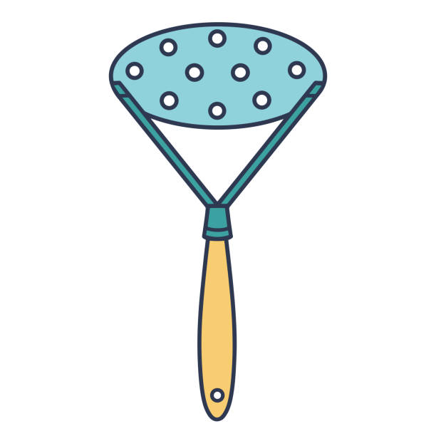 Potato crusher vector icon. Hand-drawn color illustration isolated on white background. Kitchen tool for pressing vegetables, beans. Cutlery with holes. Flat cartoon clipart for decoration, design Potato crusher vector icon. Hand-drawn color illustration isolated on white backdrop. Kitchen tool for pressing vegetables, beans. Concept for decoration, menu design, cafe, bar clip art of a potato masher stock illustrations