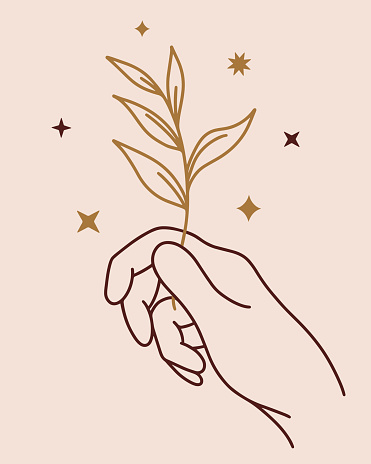 The female right hand holds a branch. Golden twig with leaves sparkles. Boho symbol for magical rituals, seasonal rites. Vector clipart for decoration, web design, cosmetics, posters, apps