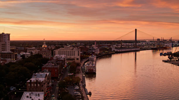 istock Drone Shot of Savannah River at Dusk 1365968408