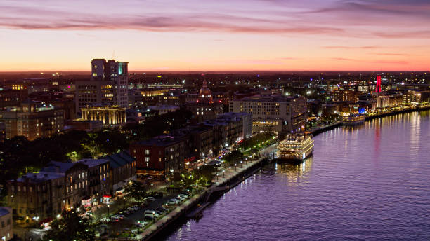 Twilight in Savannah, GA at Night from Over the River - Aerial