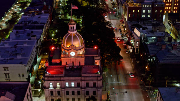 istock Drone Shot of Savannah City Hall at Dusk 1365968430