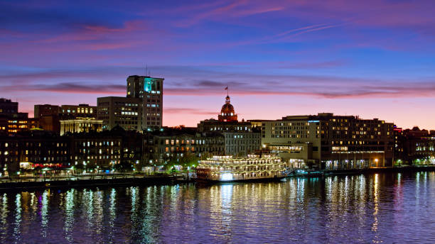 istock Drone Shot of Savannah Riverfront at Twilight 1365968438