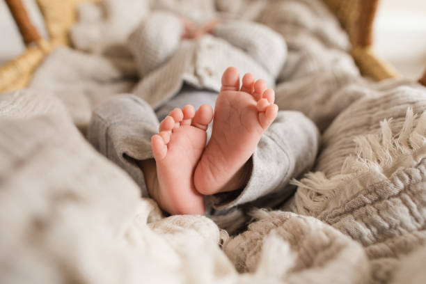 Newborn Baby Boy with 12 Toes 'Polydactyly' Laying in a Cozy Cream Cotton Blanket in the Background Newborn Baby Boy Toes, Feet & Legs with a Cozy Cream Cotton Blanket in the Background. moses basket stock pictures, royalty-free photos & images