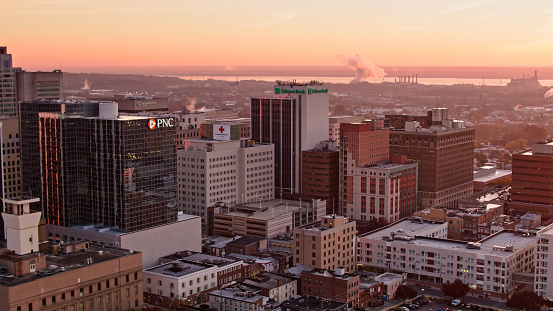 Aerial shot of Wilmington, Delaware at sunrise on a Fall morning. 

Authorization was obtained from the FAA for this operation in restricted airspace.