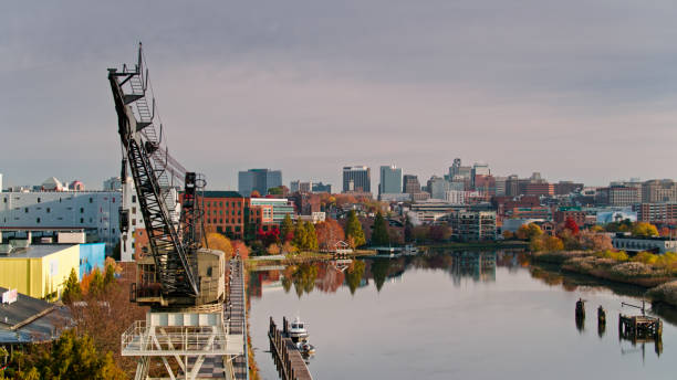 istock Old Crane and Riverwalk in Wilmington, DE - Aerial 1365972274
