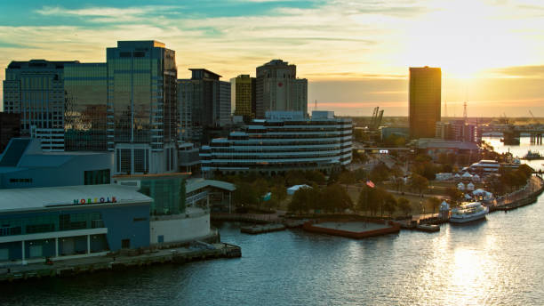 istock US Flag Flying on Waterfront in Norfolk, Virginia at Sunrise 1365973008
