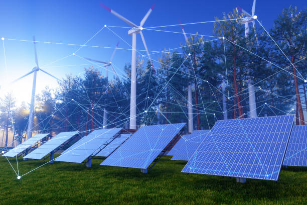 Solar Panels And Wind Turbines With Plexus And Connection Dots Solar Panels And Wind Turbines With Plexus And Connection Dots triangular solar panels stock pictures, royalty-free photos & images