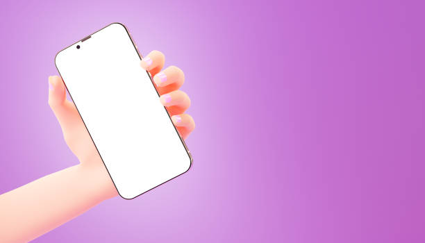 istock Cartoon hand holding a smartphone with a blank screen, 3d render. Phone layout with a empty screen, 3d illustration. 1365974514