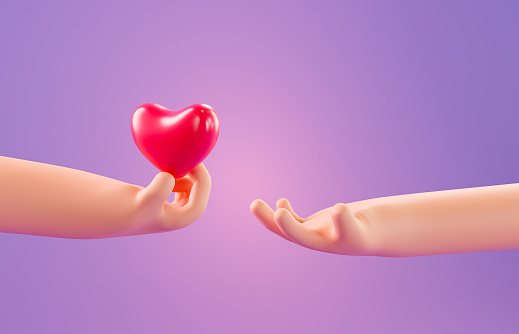 Hand of the cartoon character gives a valentine. Cartoon hand holds a red heart, on a purple background. Clip art for Valentine's Day, 3d rendering