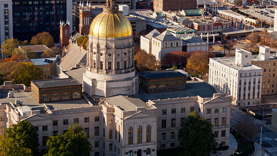 Aerial shot of the Georgia State Capitol Building in Atlanta on a sunny afternoon in Fall.