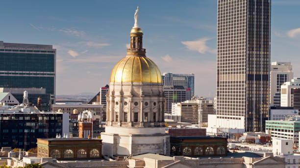 Drone Shot of Georgia State Capitol Building in Downtown Atlanta Drone shot of the Georgia State Capitol Building in Atlanta on a sunny afternoon in Fall. georgia us state photos stock pictures, royalty-free photos & images