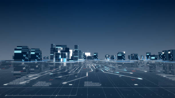 istock Futuristic city neon light with power energy tron light background. 1365977917