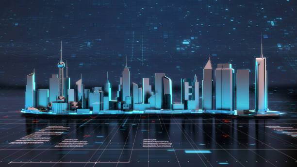 istock Futuristic city neon light with power energy tron light background. 1365977920