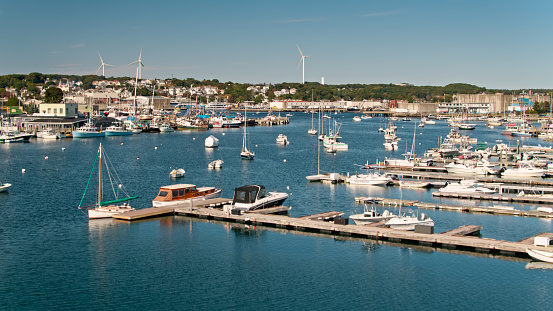Aerial shot of Gloucester, Massachusetts on a sunny afternoon in Fall.