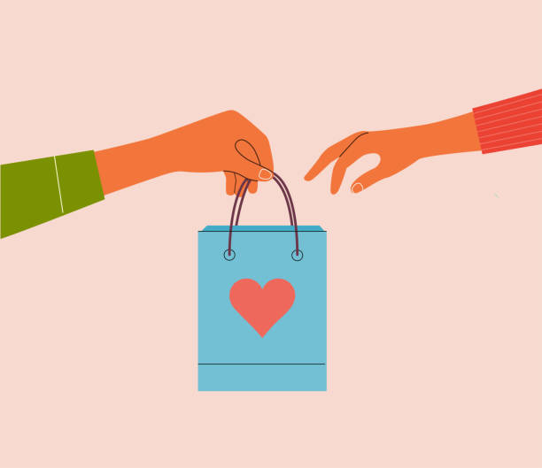 ilustrações de stock, clip art, desenhos animados e ícones de male hand holding craft paper gift bag with red heart. man gives a valentine's day gift to a woman. flat style cartoon vector illustration. - paper bag illustrations