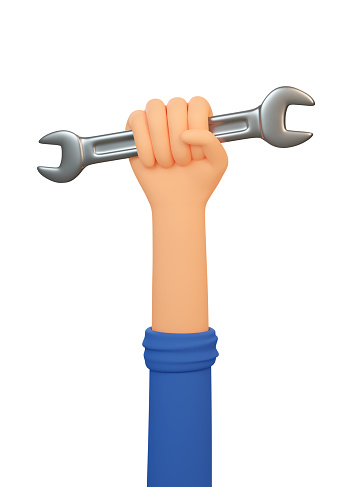 3d handymen hand holds spanner. Cartoon mechanic hand with wrench. Labor day. 3d illustration. 3d render