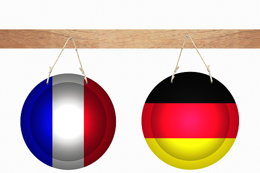 Hats hanging in the colors of the French and German flag