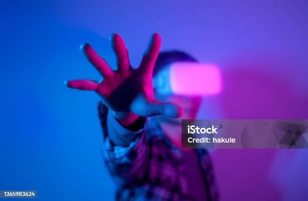 Man Experiencing Virtual Reality Eyeglasses Headset Stock Photo Stock Photo - Download Image Now