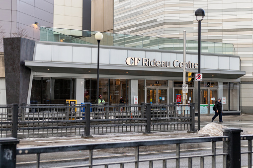 Ottawa, Canada - December 16, 2021: Rideau Centre in downtown street of the city, entrance near Mackenzie King Bridge.