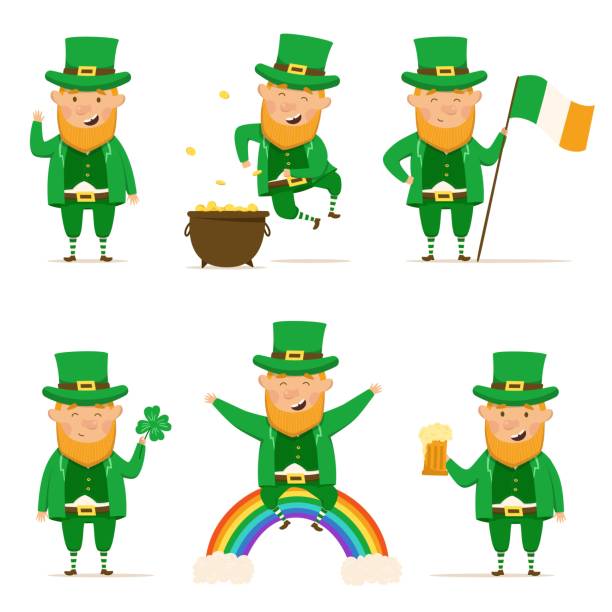 St. Patrick's Day set of happy leprechauns. Vector Illustration isoleted on a whate background St. Patrick's Day set of happy leprechauns. Vector Illustration isoleted on a whate background. St. Patrick's Day symbols: pot of gold, beer, shamrock, rainbow, Irish flag cute leprechaun stock illustrations