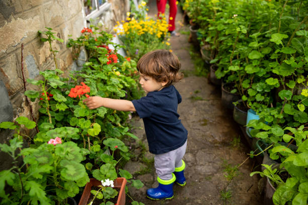 Little kid playing in a countryside yard in a rainy day