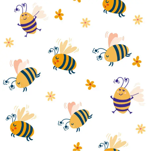 Vector illustration of Bees seamless pattern. Flying Cartoon Bumble Bees. Honey bee. Kids background. Spring. Great for decoration flyers, banners, wallpapers, print products Vector cartoon illustration.