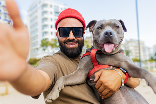 istock portrait of happy man in red hat and sunglasses with american terrier in dogs walking area park in sity 1365992011