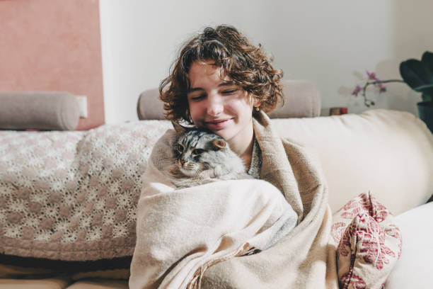 love and care of girl for cat positive young girl, smiling, wrapped in warm blanket, sits on comfortable sofa, hugging purring gray fluffy cat. hugging each other, girl and domestic cat are warming themselves in cold house young hot stock pictures, royalty-free photos & images