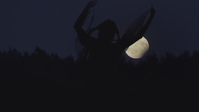 Silhouette of a Dancing Woman against moonlight.