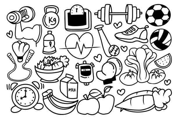 gesunder lebensstil doodle illustration - weights dieting apple healthy eating stock-grafiken, -clipart, -cartoons und -symbole