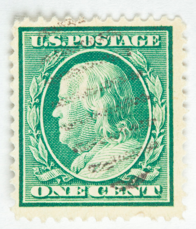 A postage stamp issued by France postmarked 1956 honoring Benjamin Franklin (1706-1790). In September, 1776, Benjamin Franklin was appointed envoy to France