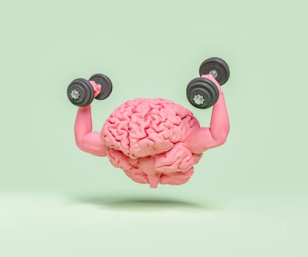 brain with muscular arms and dumbbells in hands