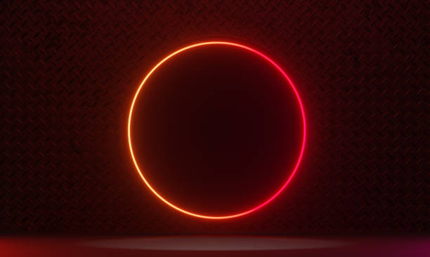 istock Dark background neon laser circle yellow red light with metal wall in black theme. 3D illustration rendering. 1365995577