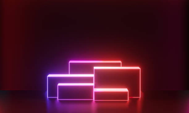 istock Five Dark podium display background neon laser red pink light with light frame metal wall in black theme. 3D illustration rendering. 1365995588