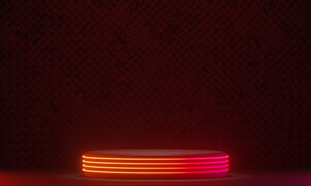 istock Dark podium display background neon laser red pink light with light stripe metal wall in black theme. 3D illustration rendering. 1365995591